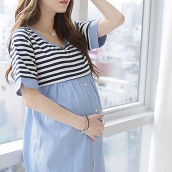 

maternity dresses maternity pregnant woman dress patchwork o-neck collar stripe maternity clothes short sleeve pregnancy fashion leisure dre, White