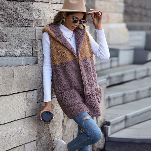 

leather casual women fleece vest coat patchwork design female hooded sleeveless jacket cardigan, Black