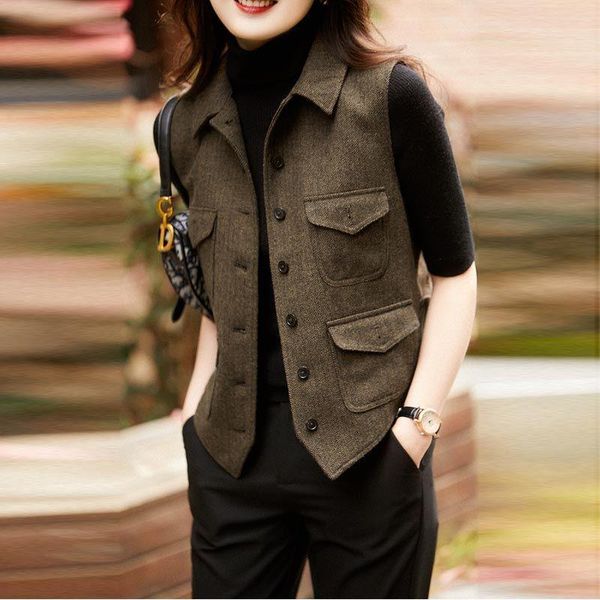 

vests women's suit vest brown pockets patch wool tweed casual waistcoat jacket casual slim fit gilet homme vests for women, Black;white