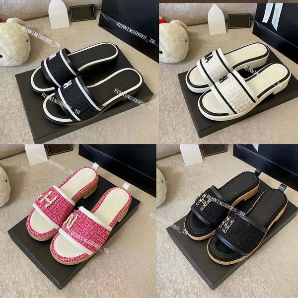 

designer women slippers straw woven slides tweed leather sandals wedge flat slides fashion beach slipper rubber platform sandal with, Black