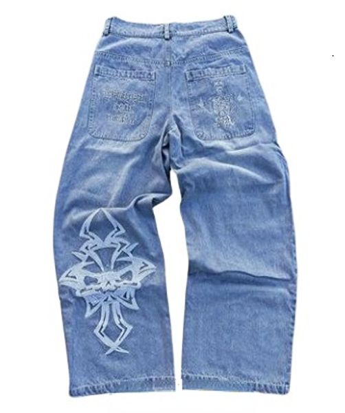 

women's jeans y2k hiphop blue gothic skull embroidered oversized wide leg style baggy pants punk high street american 230427
