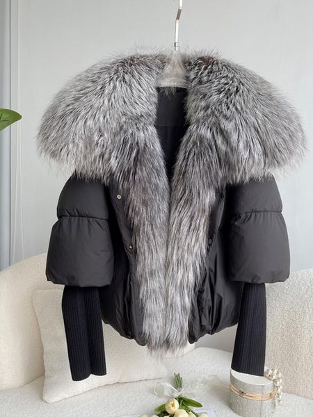 

fur annsirgra winter women coat white duck down jacket super large real silver fox fur collar with knit sleeve fashion outerwear, Black