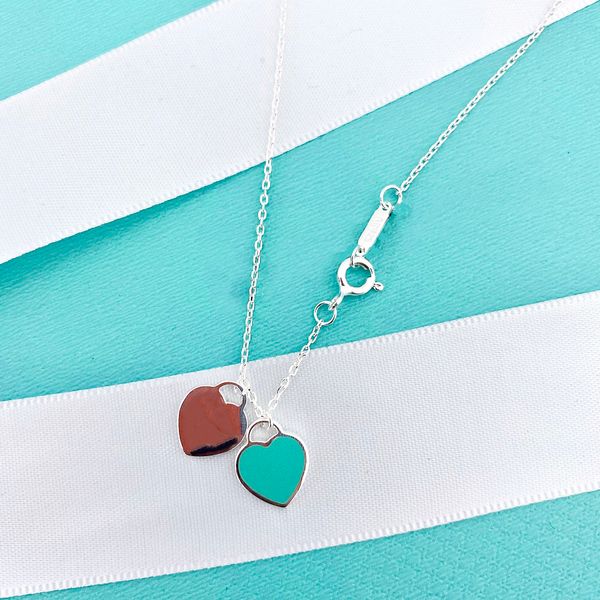 

designer double love necklace s925 sterling silver collarbone chain short blue pink trendy fashion gift for girlfriend