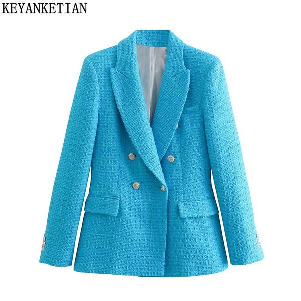 

pants keyanketian za 2022 textured blue blazer ladies tweed jacket ladies spring long sleeve jacket elegant ladies blazer, White