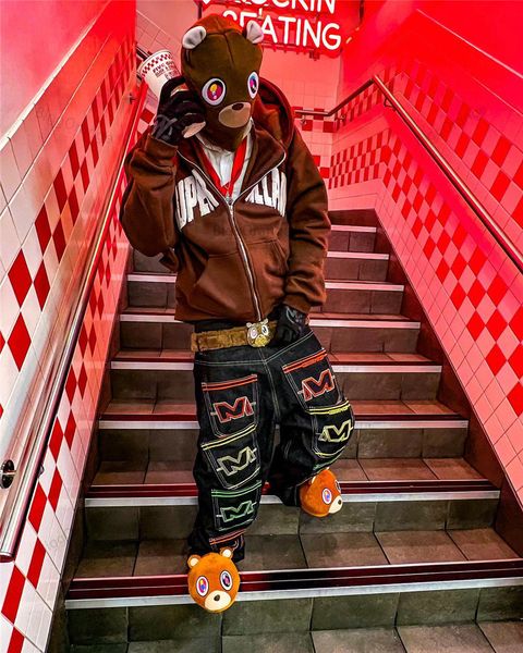 

men's jeans minus two jean men cargo harajuku casual loose punk rock straight wide leg trouser streetwear y2k retro overalls pant 23042, Blue