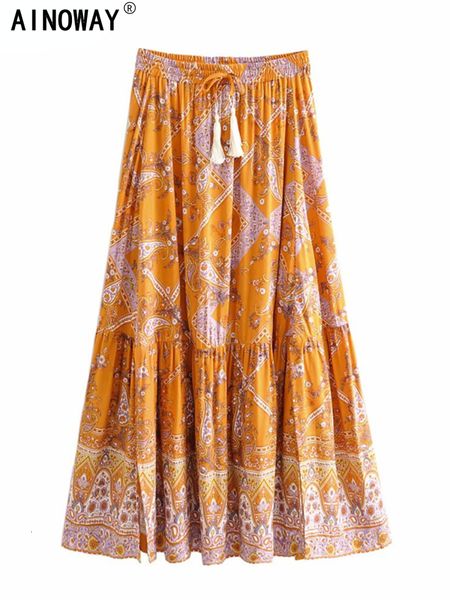 

skirts vintage chic hippie women orange floral print beach bohemian skirt high elastic waist pleated boho rayon maxi skirts femme 230428, Black