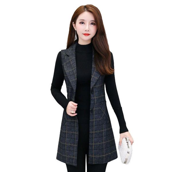 

vests 2020 autumn winter plus size 5xl 4xl 3xl women's plaid suit sleeveless korean version long vest office lady elegant vests jacket, Black;white