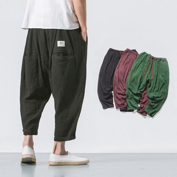 

pants chinese style linen cropped trousers ethnic style harem pants mens baggy pants summer japanese loose joggers hip hop, Black