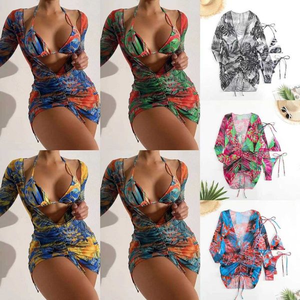 

floral print 2022 drawcord mesh three-piece bikini swimsuit bikini