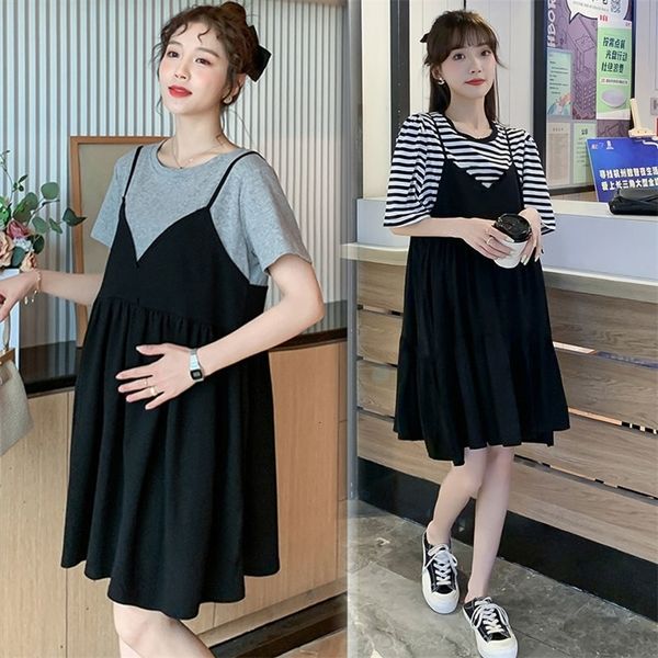 

maternity dresses maternity dress summer women pregnant outfit clothing skirt short sleeve loose fake two-picees gowns pregnancy clothes 230, White