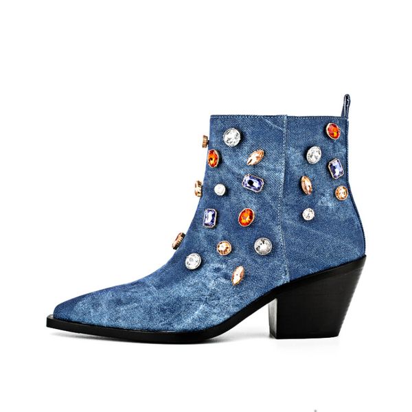 

chelsea denim drill button luxury design vintage skinny boots fried street pointed sleeve western denim large womens boots, Black