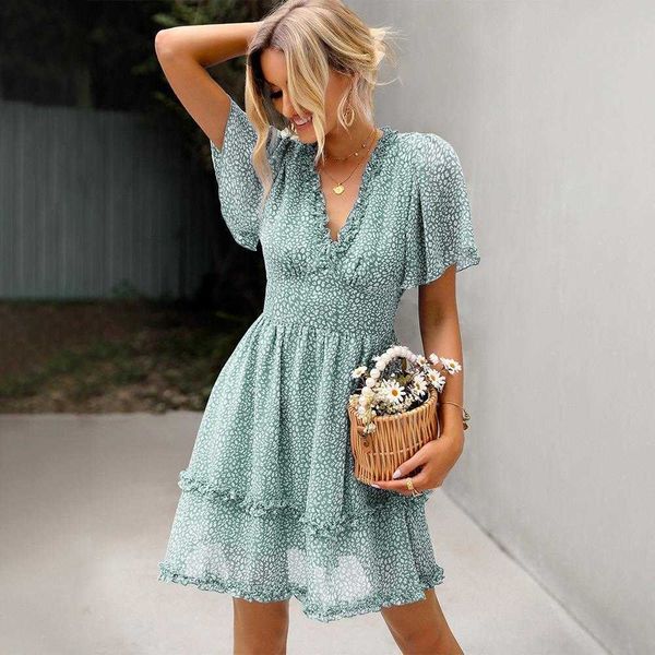 

kaikuo design spring and summer dress v neck chiffon printed skirt, Black;gray