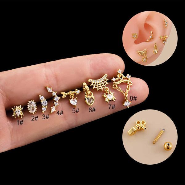 

henson new love pendant spider web earbone nail stainless steel thick rod stud earrings cartilage puncture screw back earnail fashion ear ri, Golden;silver
