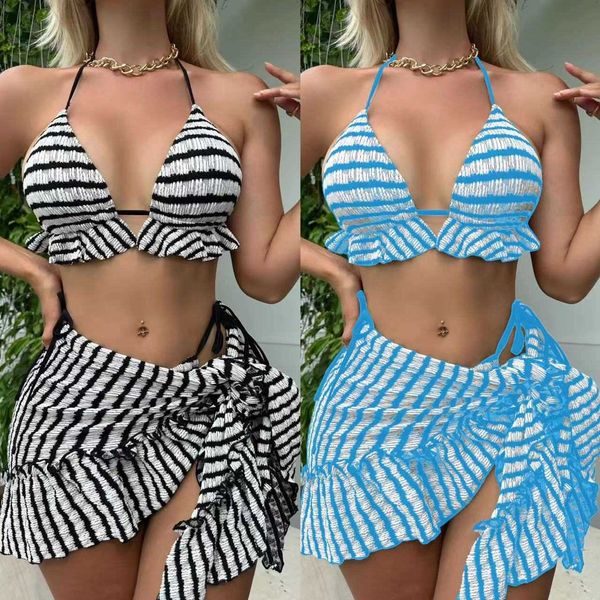 

new lace 2023 up cord stripe pleated skirt three piece swimwear bikini