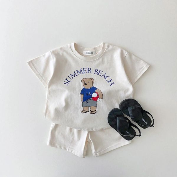 

rompers korea baby boy clothing set toddler kids summer clothes cartoon bear tshirtshorts two piece suit born girl outfits 230427, Blue