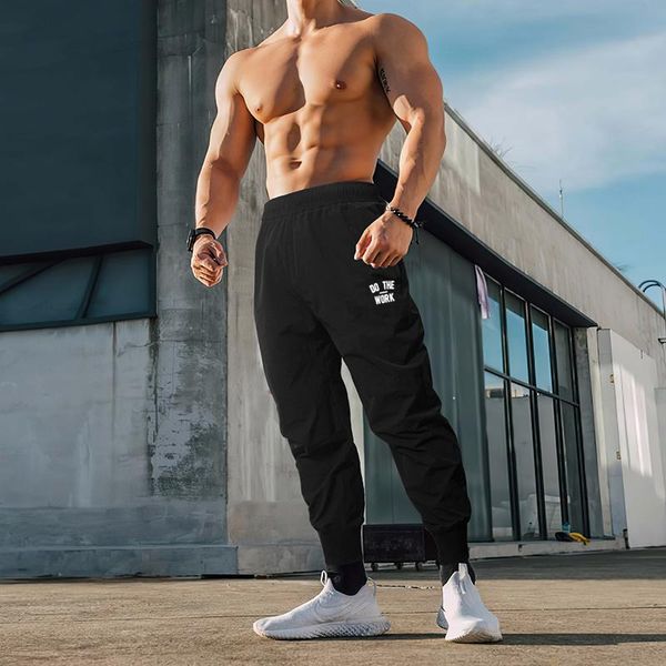 

pants joggers pants men gym muscle fitness running pants quick dry training sports training sweatpants bodybuilding beam mouth trouser, Black