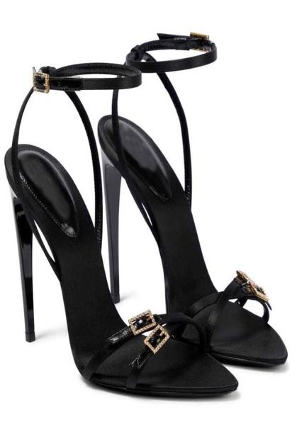 

summer luxury cassie crepe satin sandals shoes women claude patent leather gladiator sandalias goldtone buckles lady high heels e2030861, Black