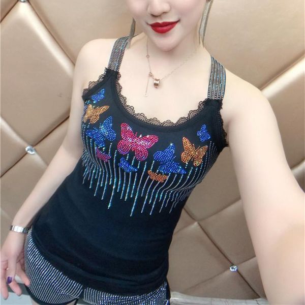 

t-shirt bead work women's black padding camis femme gemstones camisole lady bling tanks top, White