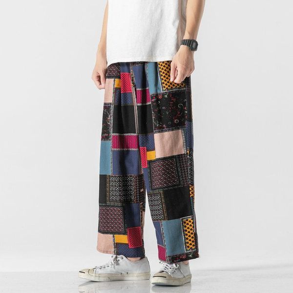 

pants harajuku style men's harem pants fashion wide leg straight casual patchwork pants male loose 2023 cotton linen trousers m3xl, Black