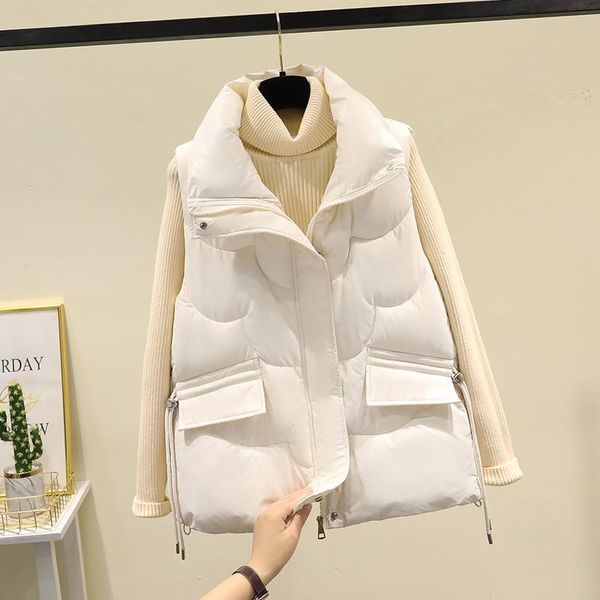 

vests autumn winter down cotton padded vest jacket women overcoat mandarin collar waistcoat sleeveless casual puffer short coat female, Black;white