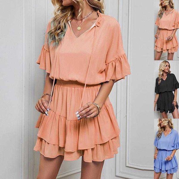 

solid color and v neck chiffon empire dress womens lining shorts, Black;gray