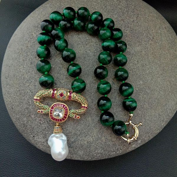 

chokers 18" 12mm green tiger eye round necklace white keshi pearl cz pave gold colr plated pendant necklace for women 230428, Golden;silver