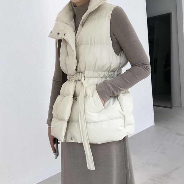 

leather cotton vest women 2023 winter new korean loose turndown collar zipper warm waistcoat female with belt casual puffer jacket, Black