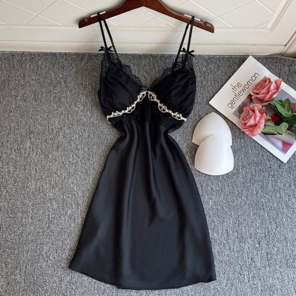 

pyjamas lady nightgown women silky satin strap nightdress lace sleepwear nighty gown summer nightwear home dress lingerie 230428, Black;white