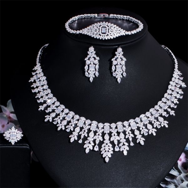 

wedding jewelry sets cww 4 pcs tassel drop cubic zirconia big wedding banquet necklace dubai white gold color bridal party costume jewelry s, Slivery;golden