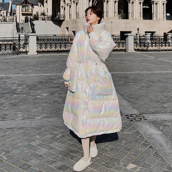 

leather women white long down jacket drawstring waist fashion duck down waterproof thickening warm feather female puffer winter outwear, Black