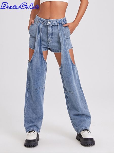 

women's jeans denimcolab hollow out straight pants woman loose fashion two piece set with detachable leg sleeve streetwear 230427, Blue