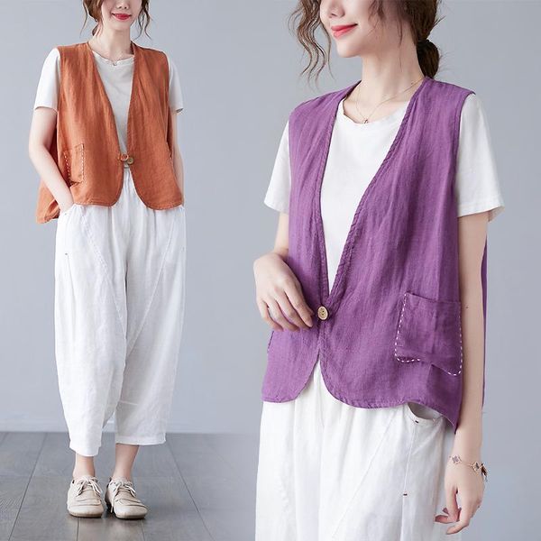 

vests fashion chalecos elegantes para mujer elegant vests for women female cotton and linen summer thin loose vest plus size 2023, Black;white