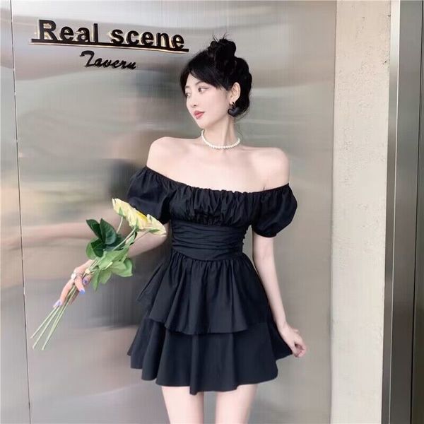 

solid color multi-size high waist fashion dress strap female summer new word collar slim fluffy dress/s-l, Black;gray
