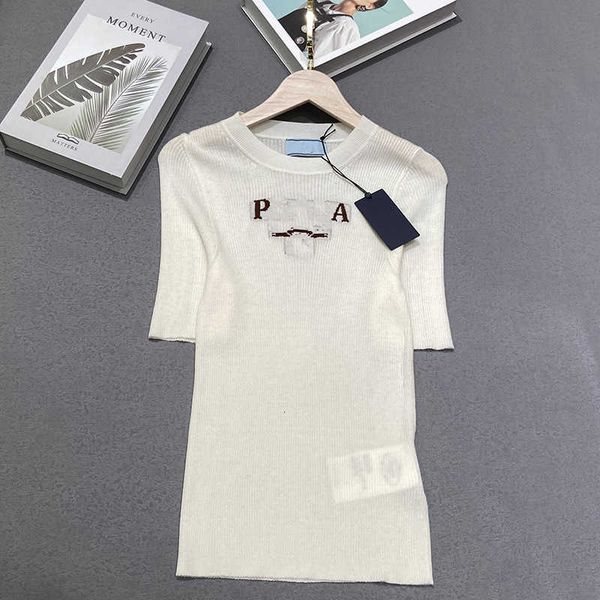 

T-Shirt Women' Summer Round Neck Knitted Short Sleeve Letter T-shirt Top Temperament Slim Wool Material 6YZH, White