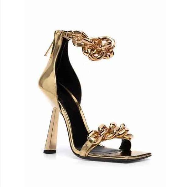 

elegant golden chain-link straps leather sandals shoes zipped heel pumps luxurious brand women's high heels eu35-42.original dust bag, Black