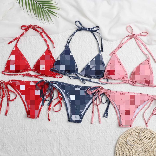 

design bikini letter red pink denim blue split drawstring women's swimsuit