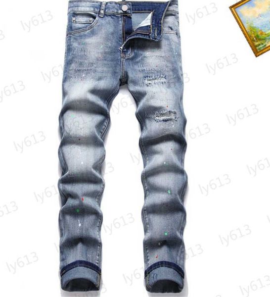 

mens jeans designer spring summer broken hole light color casual loose fitting versatile beggar torn hole printed versatile slim fitting pan, Blue