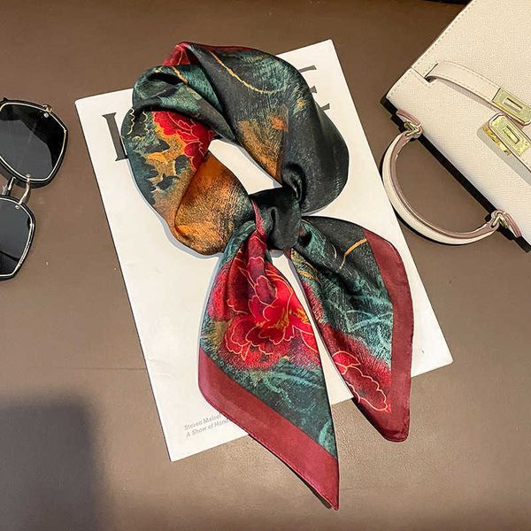 

scarves elegant floral print silk square scarf women soft satin neckerchief hairband headband lady office foulard bag ribbons kerchief j0428, Blue;gray