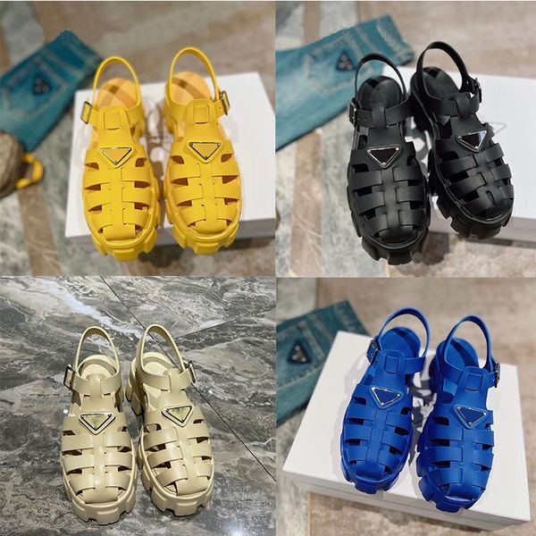 

new designer sandals rubber thick soled gear hollow baotou ladies casual heightening buckle roman tide outdoor beach sandal 35-41 with box, Black