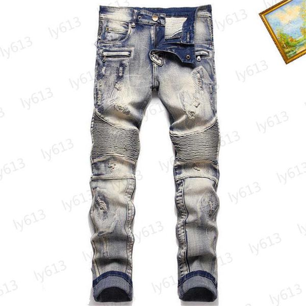 

summer mens jeans designer retro motorcycle slim fit straight barrel trendy splice versatile durable mid waist pants denim fabric male cloth, Blue