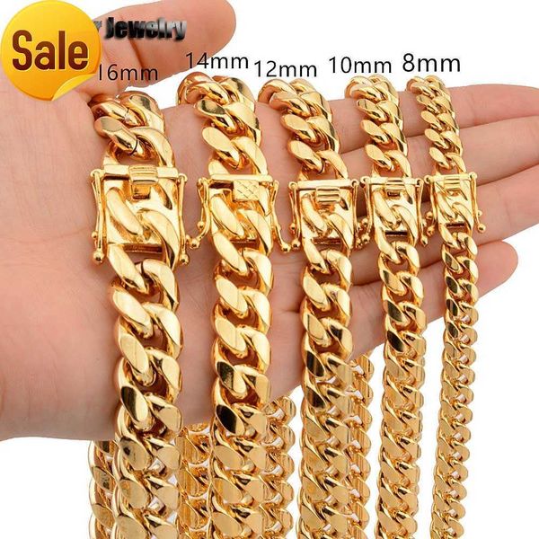 

8mm/10mm/12mm/14mm/16mm stainless steel jewelry 18k gold plated high polished miami cuban link necklace men punk curb chain butterfly clasp, Silver