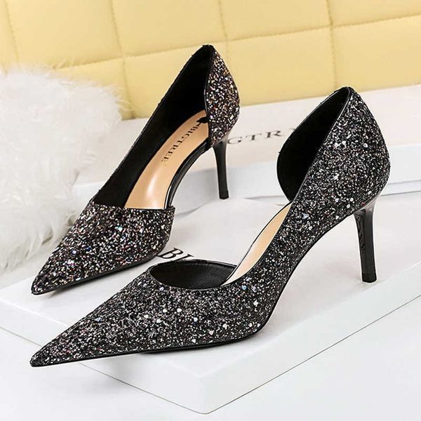 

sandals bigtree shoes sequin cloth kitten heels fashion gold sliver wedding shoes stilettos heels 7 cm and 105cm women pumps j230428, Black