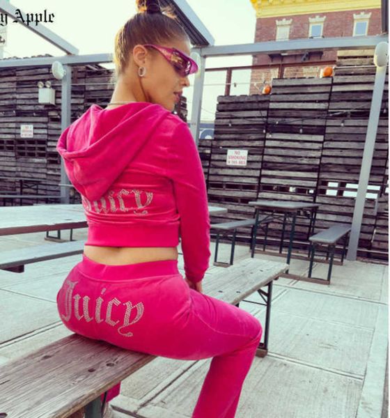 

5a2juicy apple women's tracksuits velvet sewing suits outfit two piece jogging set velour sweatshirt met hoodie pants suit womens y2k, Gray