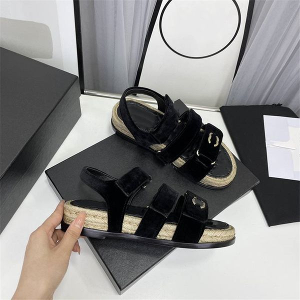 

fashion women's sandals 2023 channel luxury brand letter logo summer women's high heels men's casual student flats 05-014, Black