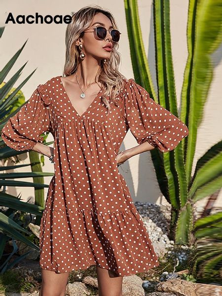 

dresses aachoae women casual loose polka dot dress v neck pleated chiffon dress lantern half sleeve mini beach dress summer robe femme, Black;gray