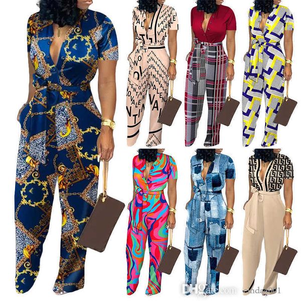 

designer womens wide leg jumpsuits contrast color patchwork fashion printed button cardigan rompers, Black;white