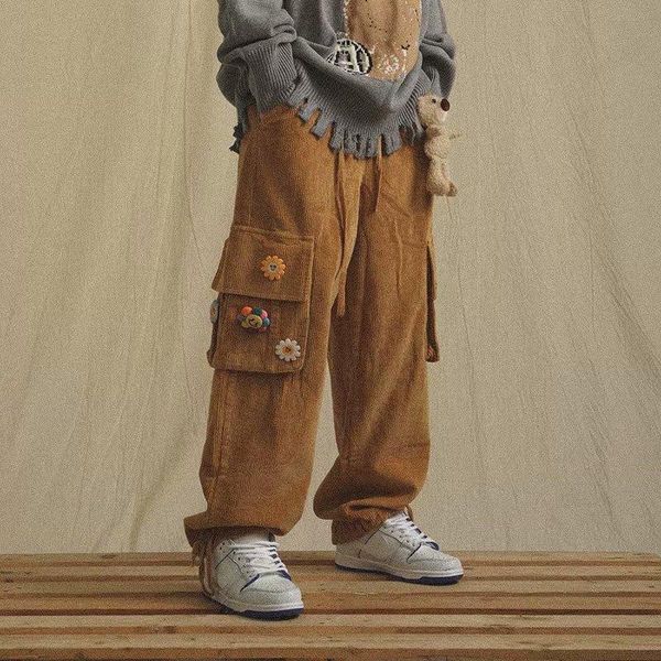 

pants arens corduroy pants wide leg pants for men cargo trousers male vintage pants winter warm japanese harajuku fashion hip hop, Black