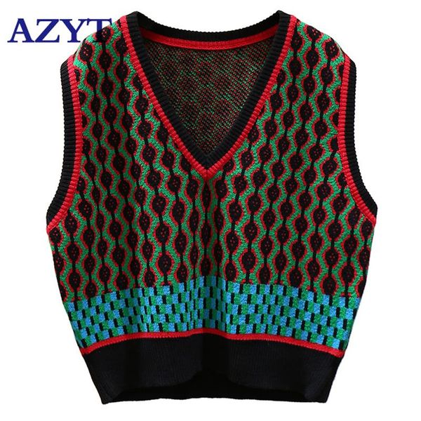 

tanks azyt vintage autumn vest women 2022 autumn winter v neck fashion knit tank female casual loose sleeveless jacket for women, Black;white