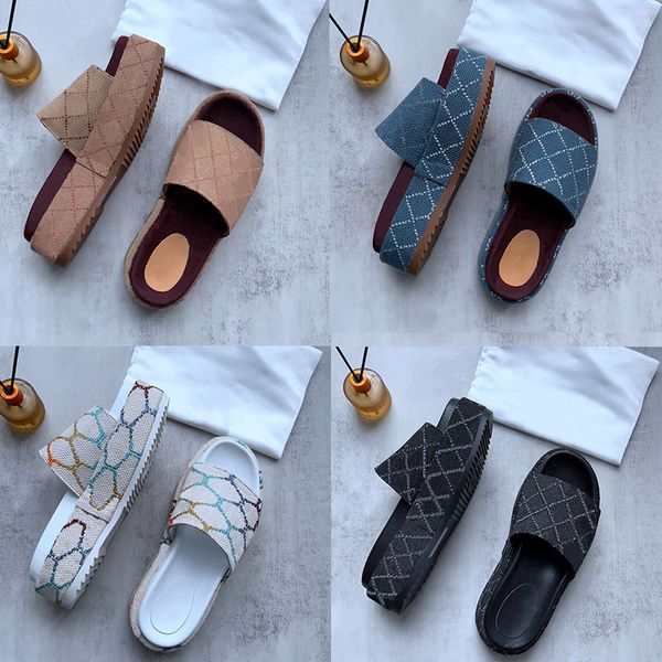 

2023 slipper womens fashion embroidered canvas designer slides slip on slippers girls 60mm covered platform canvas sandals and dust bags big, Black