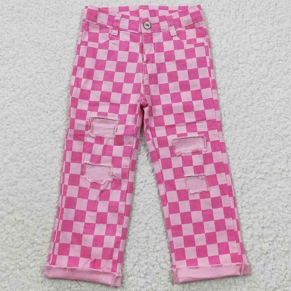 

new design baby girls pink check jeans pants kids boutique denim bell bottoms girls jean shorts summer pant, Blue